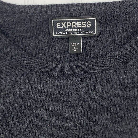 Express Sweater Mens Large Gray Knit‎ Pullover Crew Neck Long Sleeve Merino Wool - Picture 3 of 8